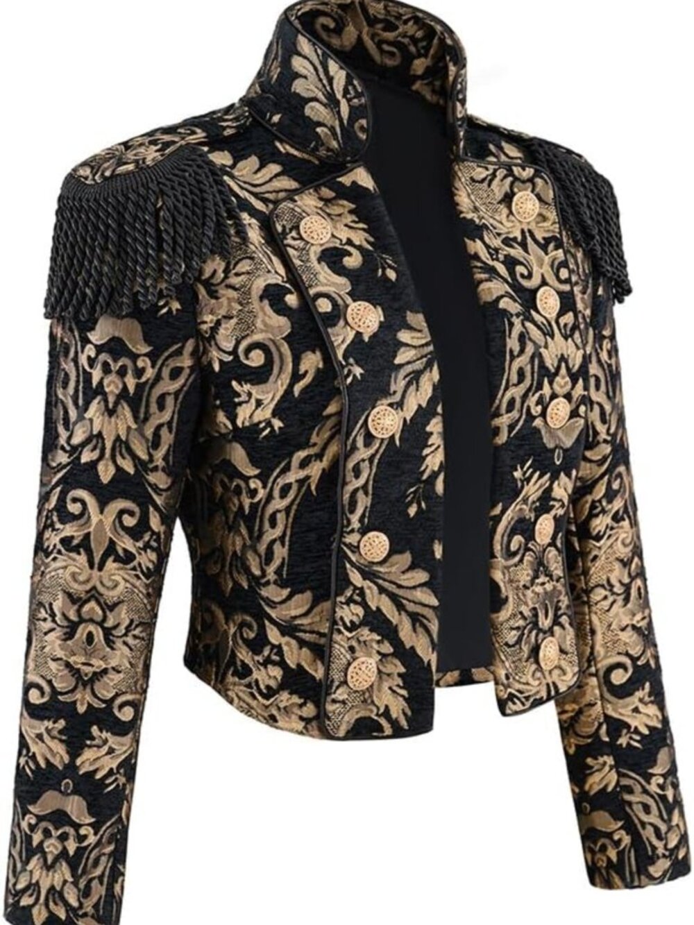Gothic Steampunk Stand Collar Jacket - Black & Gold Victorian Cropped Coat